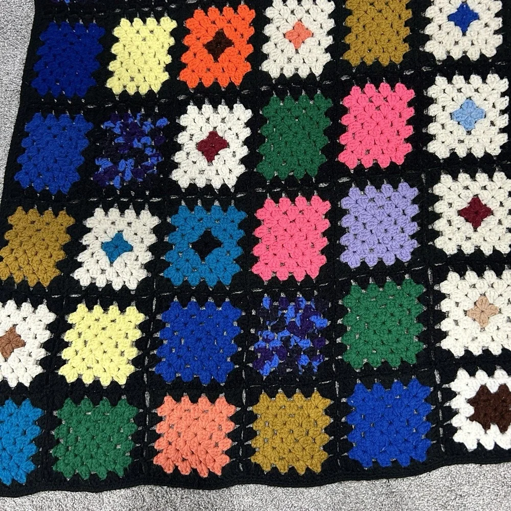 Granny Squares‎ Afghan Black Colorful Handmade Crochet Throw Blanket 68x54
